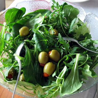 Green salad with a few stuffed olives. Yum!